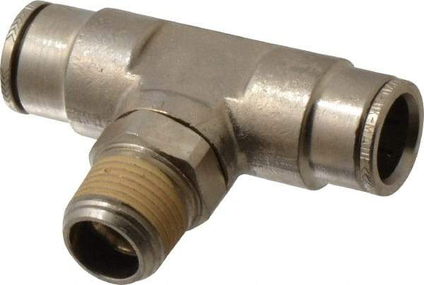 Norgren - 3/8 NPTF, Nickel Plated Brass Push-to-Connect Tube Male Swivel Branch Tee - 260 Max psi, Tube to Male NPT Connection - Americas Industrial Supply