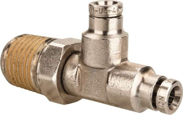 Norgren - 1/4 NPTF, Nickel Plated Brass Push-to-Connect Tube Male Swivel Run Tee - 260 Max psi, Tube to Male NPT Connection - Americas Industrial Supply