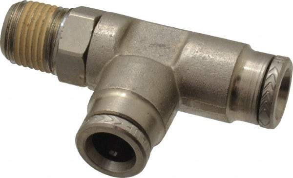 Norgren - 1/8 NPTF, Nickel Plated Brass Push-to-Connect Tube Male Swivel Run Tee - 260 Max psi, Tube to Male NPT Connection - Americas Industrial Supply
