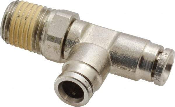 Norgren - 1/4 NPTF, Nickel Plated Brass Push-to-Connect Tube Male Swivel Run Tee - 260 Max psi, Tube to Male NPT Connection - Americas Industrial Supply