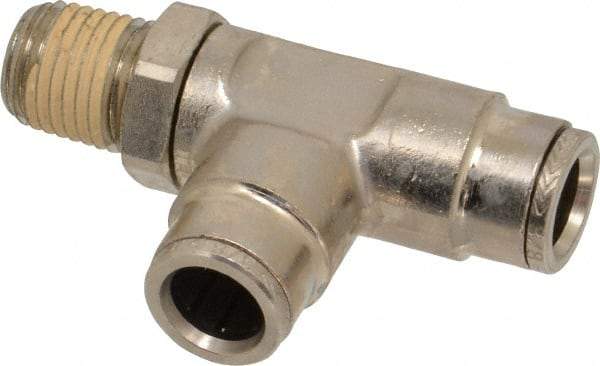 Norgren - 1/4 NPTF, Nickel Plated Brass Push-to-Connect Tube Male Swivel Run Tee - 260 Max psi, Tube to Male NPT Connection - Americas Industrial Supply