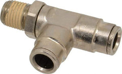 Norgren - 1/4 NPTF, Nickel Plated Brass Push-to-Connect Tube Male Swivel Run Tee - 260 Max psi, Tube to Male NPT Connection - Americas Industrial Supply