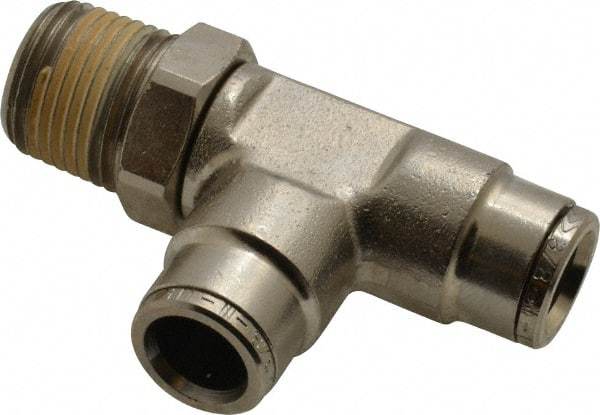 Norgren - 3/8 NPTF, Nickel Plated Brass Push-to-Connect Tube Male Swivel Run Tee - 260 Max psi, Tube to Male NPT Connection - Americas Industrial Supply
