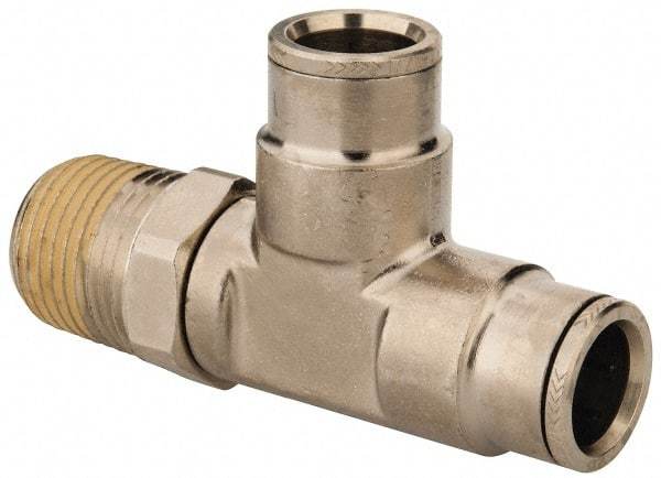 Norgren - 1/2 NPTF, Nickel Plated Brass Push-to-Connect Tube Male Swivel Run Tee - 260 Max psi, Tube to Male NPT Connection - Americas Industrial Supply