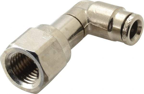 Norgren - 1/4" Outside Diam, 1/4 NPTF, Nickel Plated Brass Push-to-Connect Tube Female Swivel Elbow - 260 Max psi, Tube to Female NPT Connection - Americas Industrial Supply