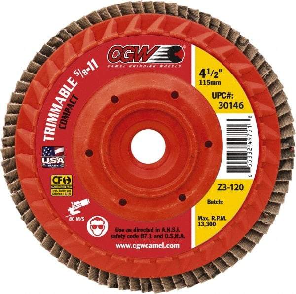 Camel Grinding Wheels - 40 Grit, 4-1/2" Disc Diam, 5/8-11 Center Hole, Compact Ceramic Flap Disc - 13,300 Max RPM, Cloth Backing, Arbor Attaching System, Coated - Americas Industrial Supply