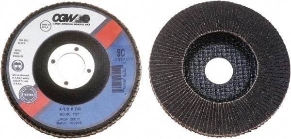 Camel Grinding Wheels - 60 Grit, 4" Disc Diam, 5/8" Center Hole, Type 27 Silicon Carbide Flap Disc - 15,300 Max RPM, Polyester Backing, Arbor Attaching System, Coated - Americas Industrial Supply