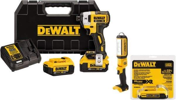 DeWALT - 20 Volt, 1/4" Drive, 20, 125, 152 Ft/Lb Torque, Cordless Impact Driver - 1000, 2800, 3250 RPM, 3 Lithium-Ion Batteries Included - Americas Industrial Supply