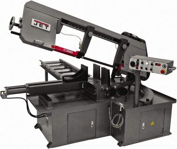 Jet - 12 x 23-1/2" Max Capacity, Semi-Automatic Step Pulley Horizontal Bandsaw - 50 to 297 SFPM Blade Speed, 230/460 Volts, 60°, 3 hp, 3 Phase - Americas Industrial Supply