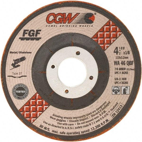 Camel Grinding Wheels - 46 Grit, 4-1/2" Wheel Diam, 1/8" Wheel Thickness, Type 27 Depressed Center Wheel - Medium Grade, Aluminum Oxide, Resinoid Bond, 13,300 Max RPM - Americas Industrial Supply