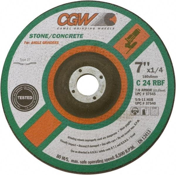 Camel Grinding Wheels - 24 Grit, 9" Wheel Diam, 1/4" Wheel Thickness, 7/8" Arbor Hole, Type 27 Depressed Center Wheel - Coarse Grade, Silicon Carbide, Resinoid Bond, 6,650 Max RPM - Americas Industrial Supply