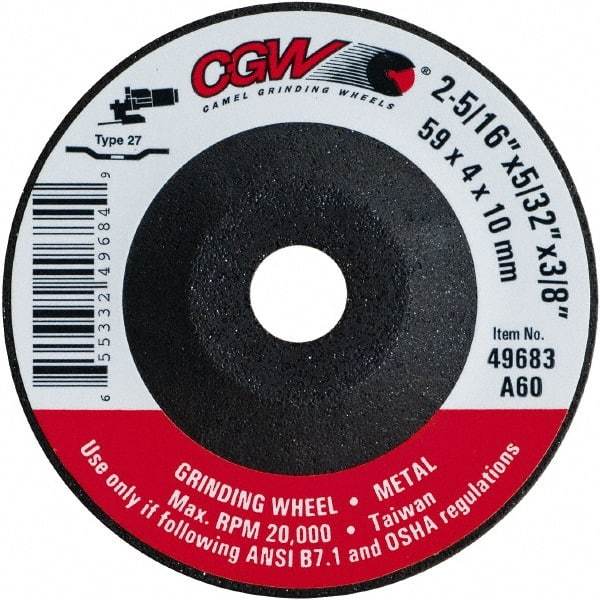 Camel Grinding Wheels - 60 Grit, 2-5/16" Wheel Diam, 5/32" Wheel Thickness, 3/8" Arbor Hole, Type 27 Depressed Center Wheel - Medium Grade, Aluminum Oxide, Resinoid Bond, 20,000 Max RPM - Americas Industrial Supply