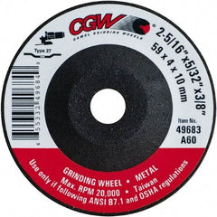 Camel Grinding Wheels - 60 Grit, 2-5/16" Wheel Diam, 5/32" Wheel Thickness, 3/8" Arbor Hole, Type 27 Depressed Center Wheel - Medium Grade, Aluminum Oxide, Resinoid Bond, 20,000 Max RPM - Americas Industrial Supply