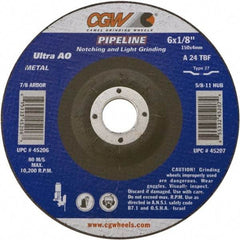 Camel Grinding Wheels - 24 Grit, 6" Wheel Diam, 1/8" Wheel Thickness, Type 27 Depressed Center Wheel - Coarse Grade, Aluminum Oxide, Resinoid Bond, 10,200 Max RPM - Americas Industrial Supply