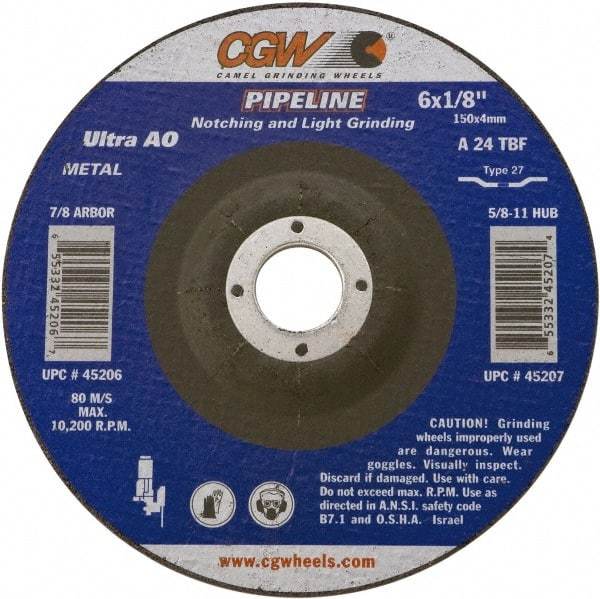 Camel Grinding Wheels - 24 Grit, 7" Wheel Diam, 1/8" Wheel Thickness, 7/8" Arbor Hole, Type 27 Depressed Center Wheel - Coarse Grade, Aluminum Oxide, Resinoid Bond, 8,600 Max RPM - Americas Industrial Supply