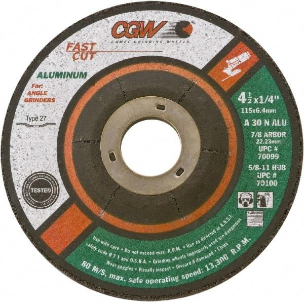 Camel Grinding Wheels - 30 Grit, 5" Wheel Diam, 1/4" Wheel Thickness, 7/8" Arbor Hole, Type 27 Depressed Center Wheel - Medium Grade, Aluminum Oxide, Resinoid Bond, 12,250 Max RPM - Americas Industrial Supply