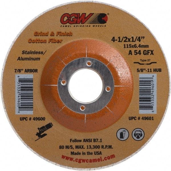 Camel Grinding Wheels - 54 Grit, 4-1/2" Wheel Diam, 1/4" Wheel Thickness, 7/8" Arbor Hole, Type 27 Depressed Center Wheel - Medium Grade, Aluminum Oxide, 13,300 Max RPM - Americas Industrial Supply