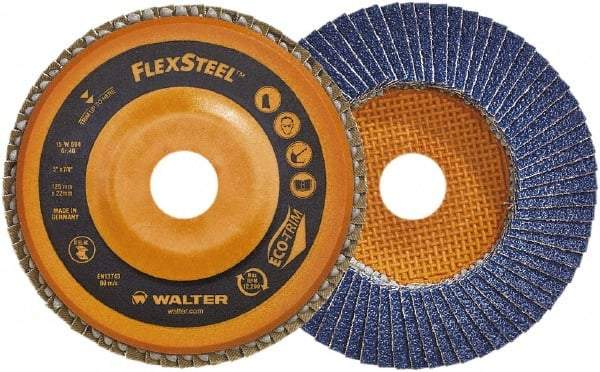 WALTER Surface Technologies - 60 Grit, 4-1/2" Disc Diam, 7/8" Center Hole, Type 27 Zirconia Alumina Flap Disc - 13,300 Max RPM, Wood Fiber Backing, Arbor Attaching System, Coated - Americas Industrial Supply