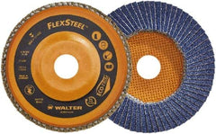 WALTER Surface Technologies - 60 Grit, 4-1/2" Disc Diam, 7/8" Center Hole, Type 27 Zirconia Alumina Flap Disc - 13,300 Max RPM, Wood Fiber Backing, Arbor Attaching System, Coated - Americas Industrial Supply