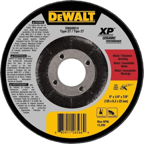 DeWALT - 5" Wheel Diam, 1/4" Wheel Thickness, 7/8" Arbor Hole, Type 27 Depressed Center Wheel - Medium Grade, Ceramic, 12,200 Max RPM - Americas Industrial Supply