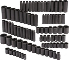Proto - 86 Piece 3/8" & 1/2" Drive Black Finish Deep Well Impact Socket Set - 6 Points, 5/16" to 1-1/4" (9mm to 27mm) Range, Inch/Metric Measurement Standard - Americas Industrial Supply