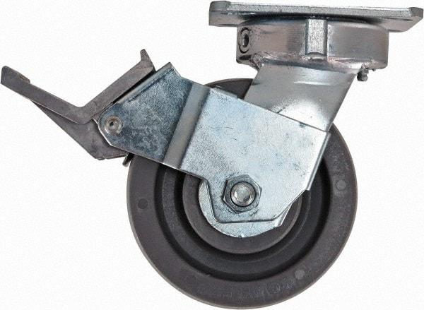 Caster Connection - 5" Diam x 2" Wide x 6-1/2" OAH Top Plate Mount Swivel Caster with Brake - Nylon, 1,250 Lb Capacity, Sealed Precision Ball Bearing, 4 x 4-1/2" Plate - Americas Industrial Supply