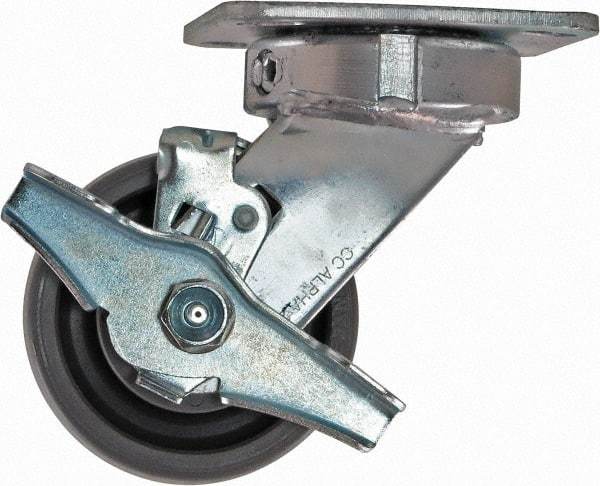 Caster Connection - 4" Diam x 2" Wide x 5-5/8" OAH Top Plate Mount Swivel Caster with Brake - Nylon, 1,000 Lb Capacity, Sealed Precision Ball Bearing, 4 x 4-1/2" Plate - Americas Industrial Supply