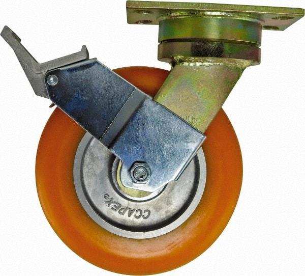 Caster Connection - 8" Diam x 2" Wide x 10-1/8" OAH Top Plate Mount Swivel Caster with Brake - Polyurethane, 1,200 Lb Capacity, Sealed Precision Ball Bearing, 4-1/2 x 6-1/4" Plate - Americas Industrial Supply