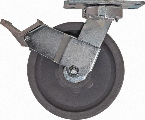 Caster Connection - 8" Diam x 2" Wide x 9-1/2" OAH Top Plate Mount Swivel Caster with Brake - Nylon, 2,000 Lb Capacity, Sealed Precision Ball Bearing, 4-1/2 x 6-1/4" Plate - Americas Industrial Supply