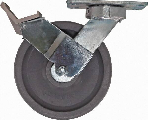 Caster Connection - 8" Diam x 2" Wide x 9-1/2" OAH Top Plate Mount Swivel Caster with Brake - Nylon, 2,000 Lb Capacity, Sealed Precision Ball Bearing, 4-1/2 x 6-1/4" Plate - Americas Industrial Supply