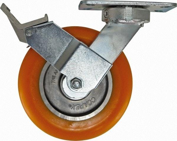 Caster Connection - 8" Diam x 2" Wide x 9-1/2" OAH Top Plate Mount Swivel Caster with Brake - Polyurethane, 1,200 Lb Capacity, Sealed Precision Ball Bearing, 4-1/2 x 6-1/4" Plate - Americas Industrial Supply