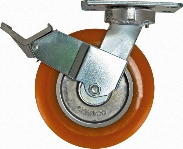 Caster Connection - 8" Diam x 2" Wide x 9-1/2" OAH Top Plate Mount Swivel Caster with Brake - Polyurethane, 1,200 Lb Capacity, Sealed Precision Ball Bearing, 4-1/2 x 6-1/4" Plate - Americas Industrial Supply