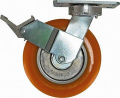 Caster Connection - 8" Diam x 2" Wide x 9-1/2" OAH Top Plate Mount Swivel Caster with Brake - Polyurethane, 1,200 Lb Capacity, Sealed Precision Ball Bearing, 4-1/2 x 6-1/4" Plate - Americas Industrial Supply