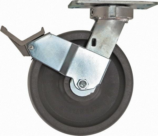 Caster Connection - 8" Diam x 2" Wide x 10-1/8" OAH Top Plate Mount Swivel Caster with Brake - Nylon, 2,000 Lb Capacity, Sealed Precision Ball Bearing, 4-1/2 x 6-1/4" Plate - Americas Industrial Supply