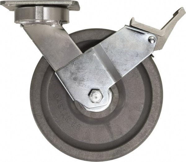 Caster Connection - 8" Diam x 2" Wide x 9-1/2" OAH Top Plate Mount Swivel Caster with Brake - Nylon, 2,000 Lb Capacity, Sealed Precision Ball Bearing, 4 x 4-1/2" Plate - Americas Industrial Supply
