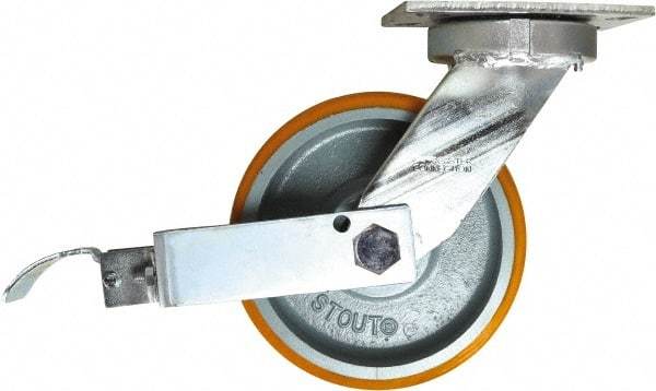 Caster Connection - 8" Diam x 3" Wide x 10-1/8" OAH Top Plate Mount Swivel Caster with Brake - Polyurethane, 2,500 Lb Capacity, Sealed Precision Ball Bearing, 4-1/2 x 6-1/4" Plate - Americas Industrial Supply