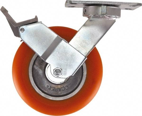 Caster Connection - 8" Diam x 2" Wide x 10-1/8" OAH Top Plate Mount Swivel Caster with Brake - Polyurethane, 1,200 Lb Capacity, Sealed Precision Ball Bearing, 4-1/2 x 6-1/4" Plate - Americas Industrial Supply