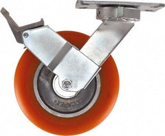 Caster Connection - 8" Diam x 2" Wide x 10-1/8" OAH Top Plate Mount Swivel Caster with Brake - Polyurethane, 1,200 Lb Capacity, Sealed Precision Ball Bearing, 4-1/2 x 6-1/4" Plate - Americas Industrial Supply