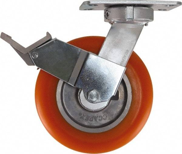 Caster Connection - 8" Diam x 2" Wide x 10-1/8" OAH Top Plate Mount Swivel Caster with Brake - Polyurethane, 1,200 Lb Capacity, Sealed Precision Ball Bearing, 4-1/2 x 6-1/4" Plate - Americas Industrial Supply