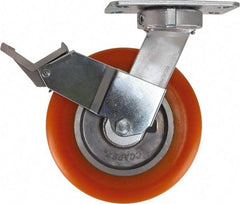 Caster Connection - 8" Diam x 2" Wide x 10-1/8" OAH Top Plate Mount Swivel Caster with Brake - Polyurethane, 1,200 Lb Capacity, Sealed Precision Ball Bearing, 4-1/2 x 6-1/4" Plate - Americas Industrial Supply