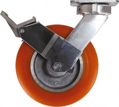 Caster Connection - 8" Diam x 2" Wide x 10-1/8" OAH Top Plate Mount Swivel Caster with Brake - Polyurethane, 1,200 Lb Capacity, Sealed Precision Ball Bearing, 4 x 4-1/2" Plate - Americas Industrial Supply