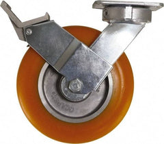 Caster Connection - 8" Diam x 2" Wide x 9-1/2" OAH Top Plate Mount Swivel Caster with Brake - Polyurethane, 1,200 Lb Capacity, Sealed Precision Ball Bearing, 4 x 4-1/2" Plate - Americas Industrial Supply