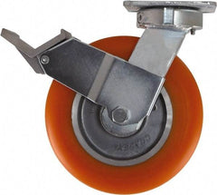 Caster Connection - 8" Diam x 2" Wide x 9-1/2" OAH Top Plate Mount Swivel Caster with Brake - Polyurethane, 1,200 Lb Capacity, Sealed Precision Ball Bearing, 4 x 4-1/2" Plate - Americas Industrial Supply
