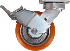 Caster Connection - 6" Diam x 2" Wide x 7-1/2" OAH Top Plate Mount Swivel Caster with Brake - Polyurethane, 1,000 Lb Capacity, Sealed Precision Ball Bearing, 4 x 4-1/2" Plate - Americas Industrial Supply