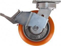 Caster Connection - 6" Diam x 2" Wide x 7-1/2" OAH Top Plate Mount Swivel Caster with Brake - Polyurethane, 1,000 Lb Capacity, Sealed Precision Ball Bearing, 4 x 4-1/2" Plate - Americas Industrial Supply