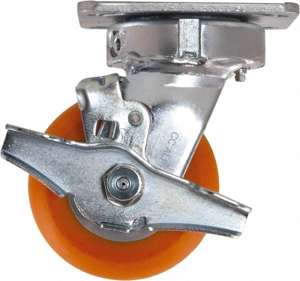 Caster Connection - 4" Diam x 2" Wide x 5-5/8" OAH Top Plate Mount Swivel Caster with Brake - Polyurethane, 700 Lb Capacity, Sealed Precision Ball Bearing, 4 x 4-1/2" Plate - Americas Industrial Supply