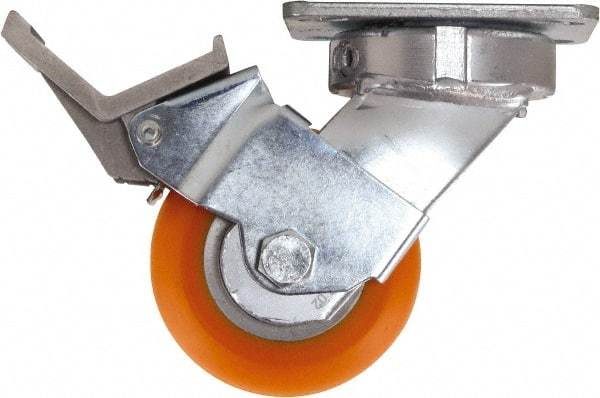 Caster Connection - 4" Diam x 2" Wide x 5-5/8" OAH Top Plate Mount Swivel Caster with Brake - Polyurethane, 700 Lb Capacity, Sealed Precision Ball Bearing, 4 x 4-1/2" Plate - Americas Industrial Supply