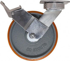 Caster Connection - 8" Diam x 2" Wide x 9-1/2" OAH Top Plate Mount Swivel Caster with Brake - Polyurethane, 1,500 Lb Capacity, Sealed Precision Ball Bearing, 4 x 4-1/2" Plate - Americas Industrial Supply
