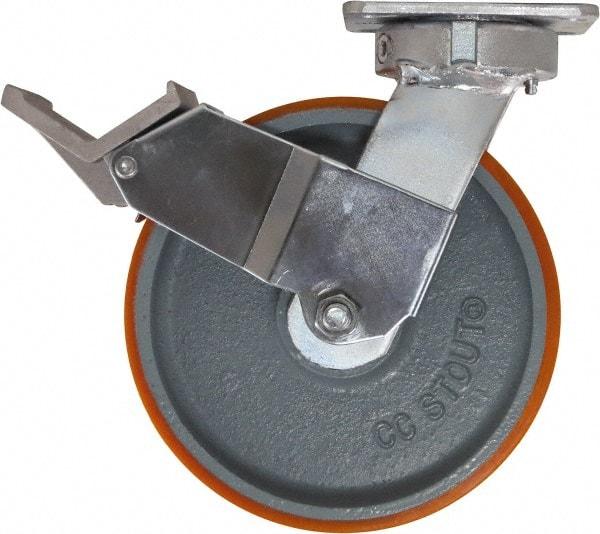 Caster Connection - 8" Diam x 2" Wide x 9-1/2" OAH Top Plate Mount Swivel Caster with Brake - Polyurethane, 1,500 Lb Capacity, Sealed Precision Ball Bearing, 4 x 4-1/2" Plate - Americas Industrial Supply