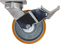 Caster Connection - 6" Diam x 2" Wide x 7-1/2" OAH Top Plate Mount Swivel Caster with Brake - Polyurethane, 1,250 Lb Capacity, Sealed Precision Ball Bearing, 4 x 4-1/2" Plate - Americas Industrial Supply
